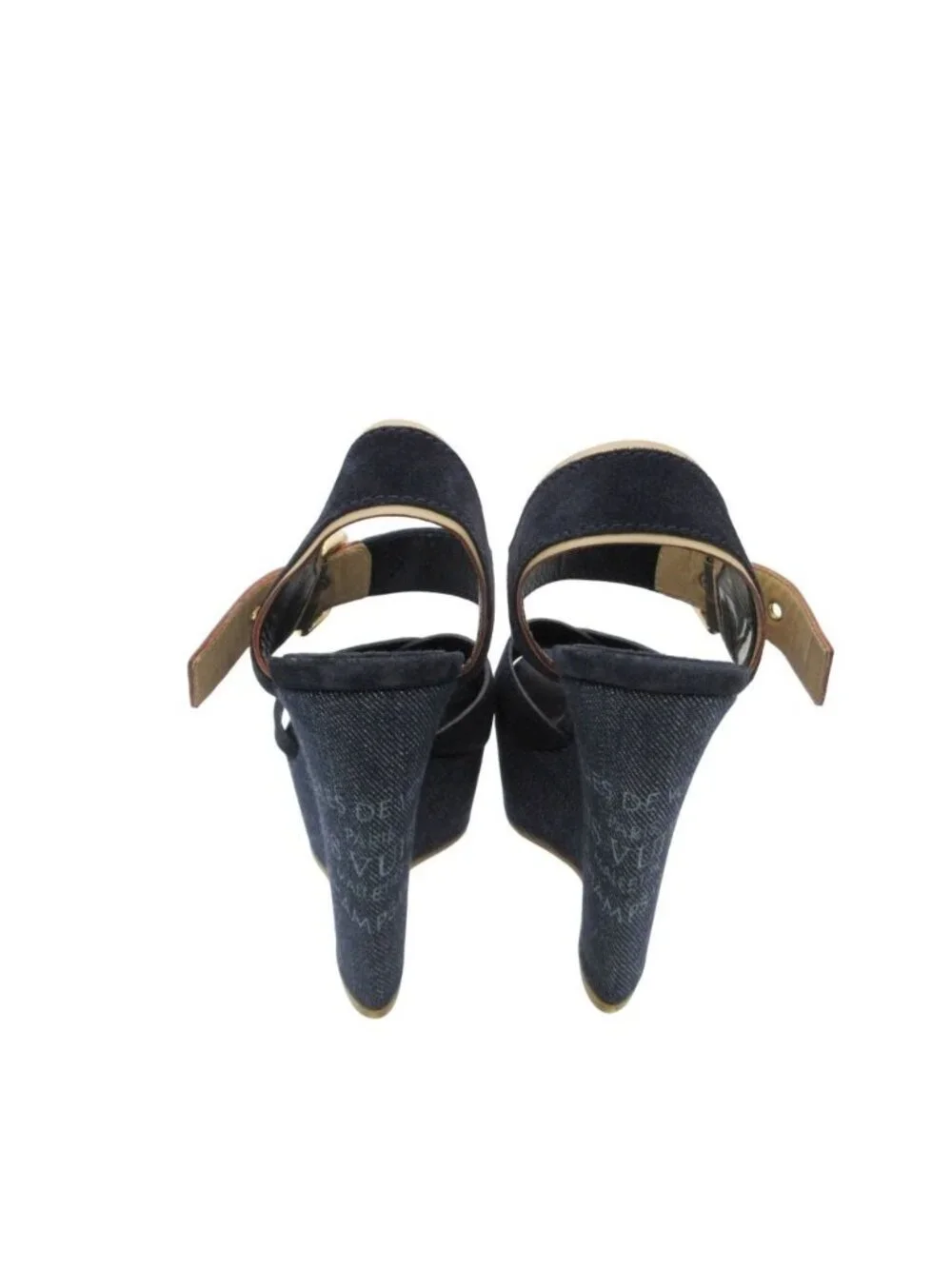 Louis Vuitton Sandals Monogram Wedge Sole Denim Suede Cross Strap Belt Shoes